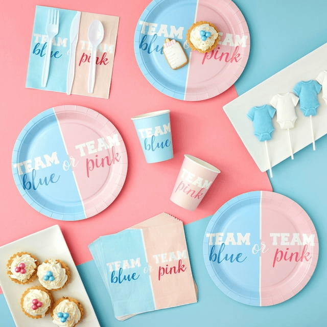 144 Piece Gender Reveal Plates, Napkins, Cups, Cutlery, Team Boy and Team Girl Party Supplies, Decorations (Serves 24)