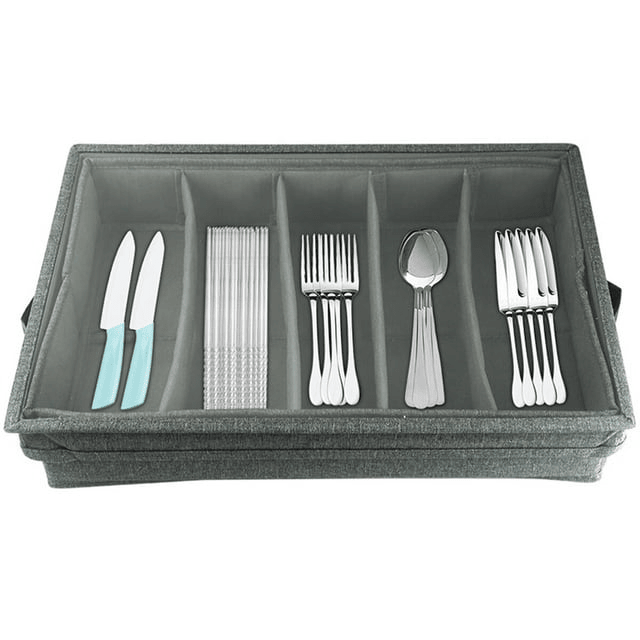Flatware Storage Case with PVC Lid 5 Compartment Foldable Utensil Storage Box Silverware Storage Box Chest Cutlery Storage Holder with Handle for Home Kitchen Utensils