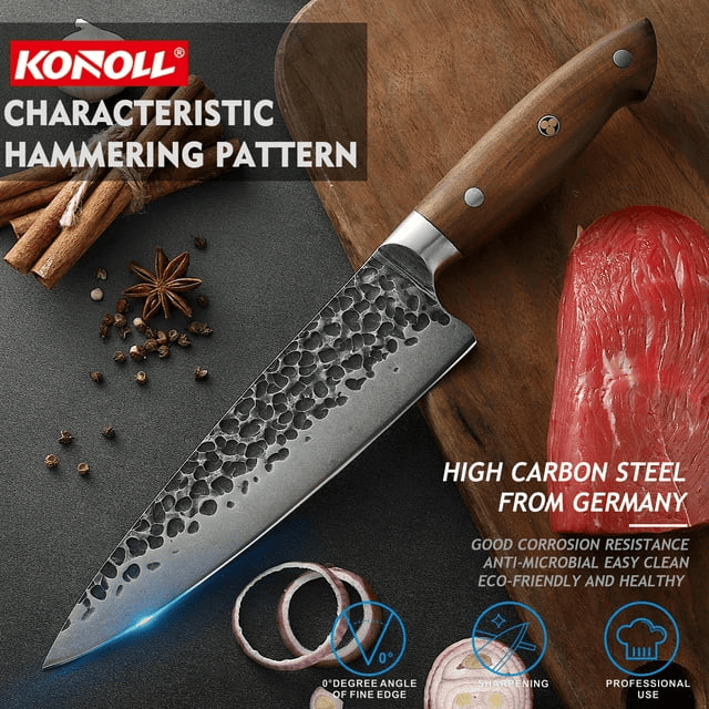 KONOLL Chef Knife Forged Handmade 8 inch Professional Kitchen Knife, HC Stainless Steel with Full Tang Wood Handle