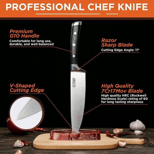 Commercial Chef Pro Chef Knife 8 inch Blade with Triple Rivet Ergonomic G10 Handle with Knife Sharpener - 7Cr17Mov High Carbon Stainless Steel Forged Chef's Knife Razor Sharp Full Tang Sharp Japanese