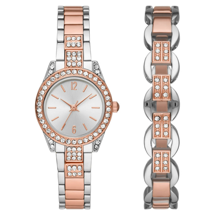 Time & Tru Women's Wristwatch: Silver and Rose Gold Tone Watch & Bracelet Set with Crystal Accents (FMDXTT027)