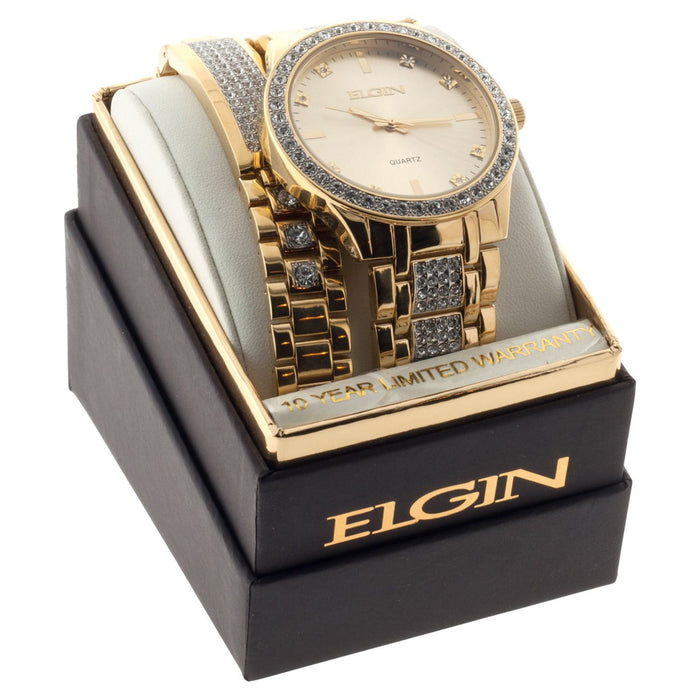 Elgin Adult Male Analog Watch and Bracelet Set in Gold Two-Tone with Crystals (FG160016GTST)