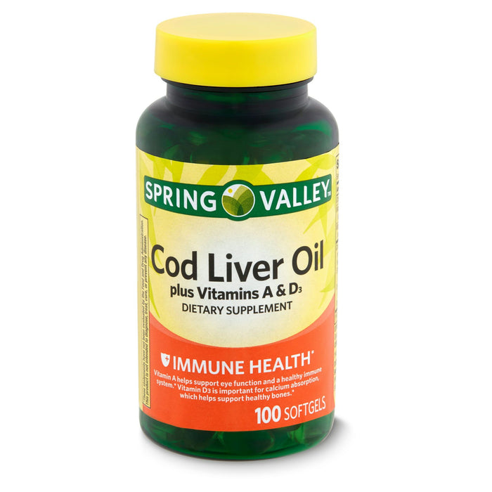 Spring Valley Cod Liver Oil Plus Vitamins A & D3 Dietary Supplement; 100 Count