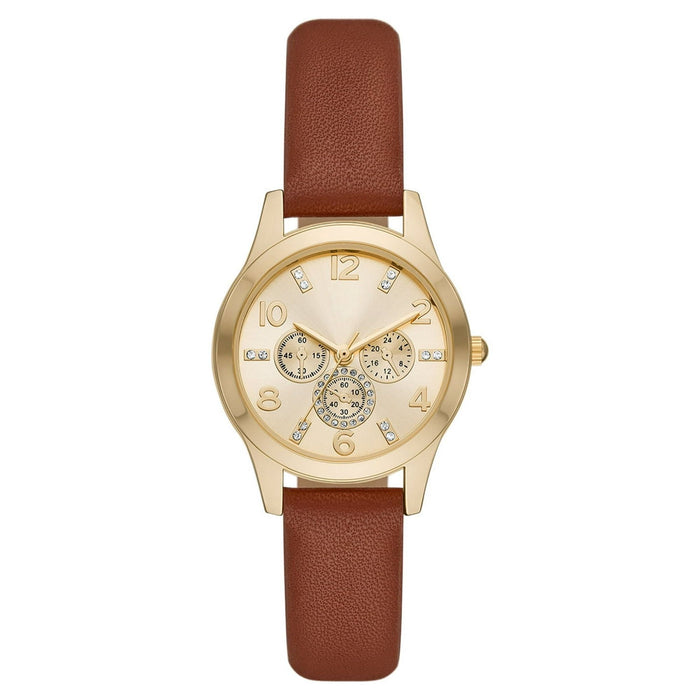 Time and Tru Women's Gold Tone Crystal Accent Watch with Faux Leather Strap