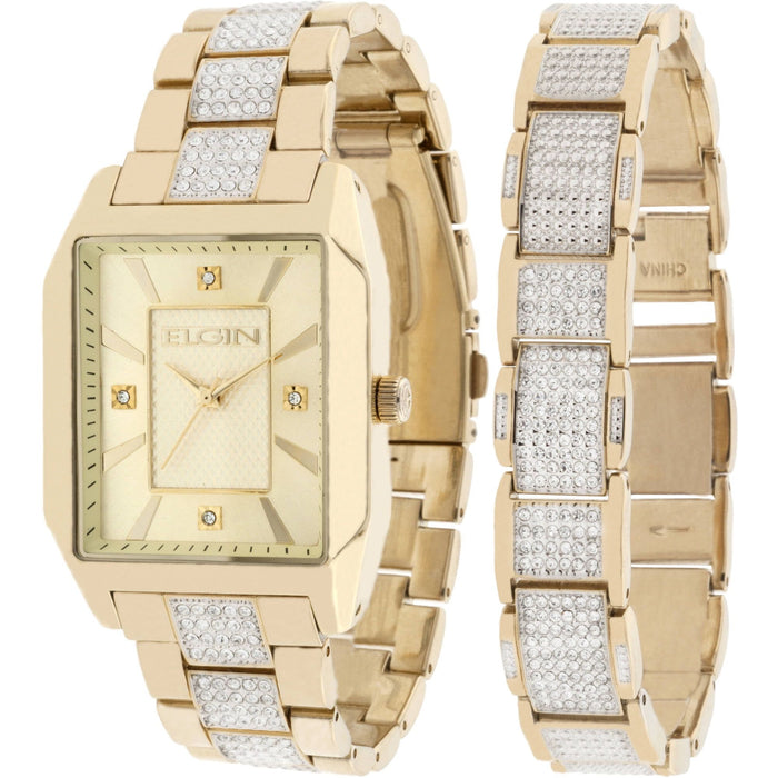 Elgin Adult Male Analog Watch and Bracelet Set Square Dial in Gold (FG9754ST)