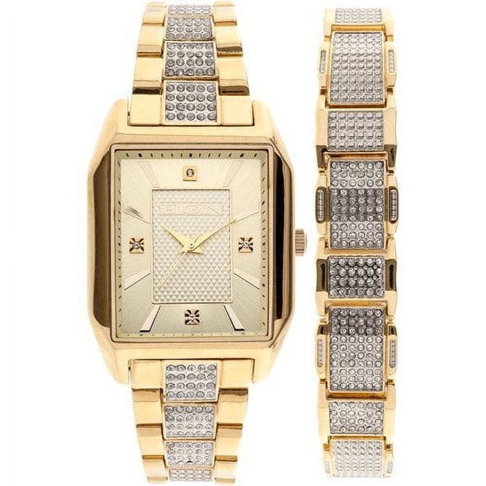 Elgin Adult Male Analog Watch and Bracelet Set Square Dial in Gold (FG9754ST)