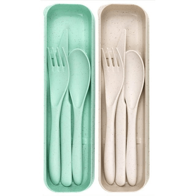 2 Pack Reusable Travel Utensils Set with Case, Wheat Straw Portable Knife Fork Spoons Tableware, Eco-Friendly Cutlery for Kids Adults Travel Picnic Camping Utensils, Green and Beige