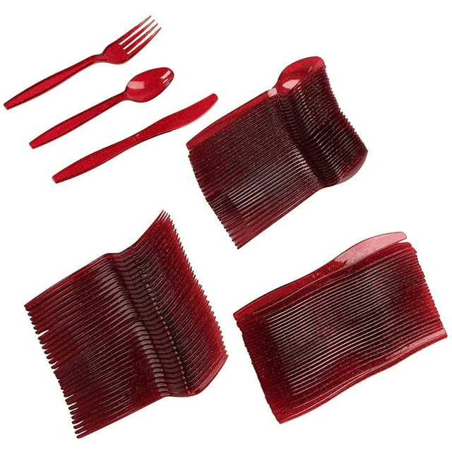 96 Pieces Red Plastic Silverware Set with Spoons, Forks, and Knives for Parties, Birthday, Dinnerware Supplies (Serves 32)