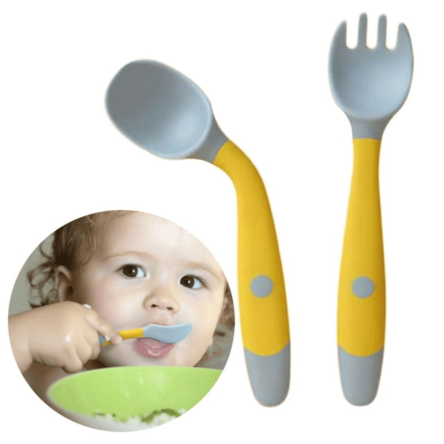 FACEGA Baby Training Spoons Forks 1 Sets with Travel Case, Toddler Feeding Utensils Set Children Tableware Travel Set BPA Free Self-Feeding Learning Spoons Forks for Kids Yellow