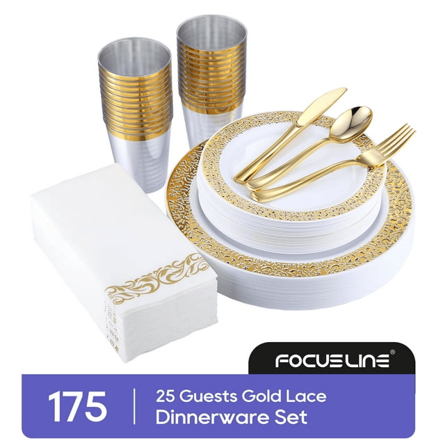 175 Piece Gold Dinnerware Set 25 Guest-50 Gold Lace Plastic Plates-25 Gold Plastic Silverware-25 Gold Plastic Cups-25 Linen Feel Gold Paper Napkins, FOCUSLINE Disposable Dinnerware Set