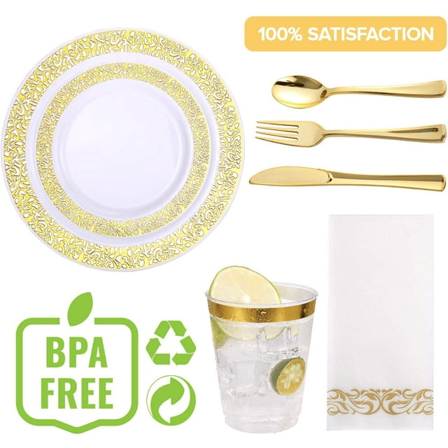 175 Piece Gold Dinnerware Set 25 Guest-50 Gold Lace Plastic Plates-25 Gold Plastic Silverware-25 Gold Plastic Cups-25 Linen Feel Gold Paper Napkins, FOCUSLINE Disposable Dinnerware Set