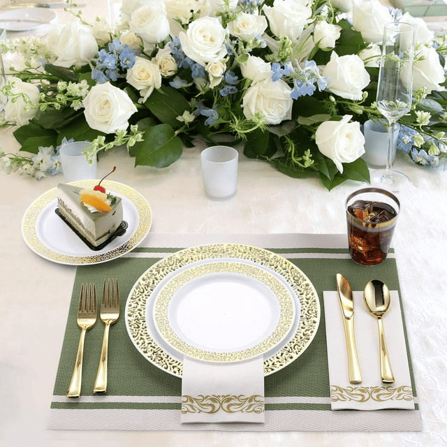 175 Piece Gold Dinnerware Set 25 Guest-50 Gold Lace Plastic Plates-25 Gold Plastic Silverware-25 Gold Plastic Cups-25 Linen Feel Gold Paper Napkins, FOCUSLINE Disposable Dinnerware Set