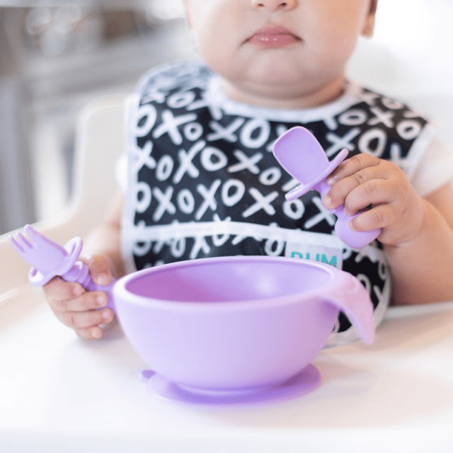 Bumkins Baby Feeding Chewtensils, Training Fork and Spoon Set, Utensils Ages 6 Mos+ (Lavender)