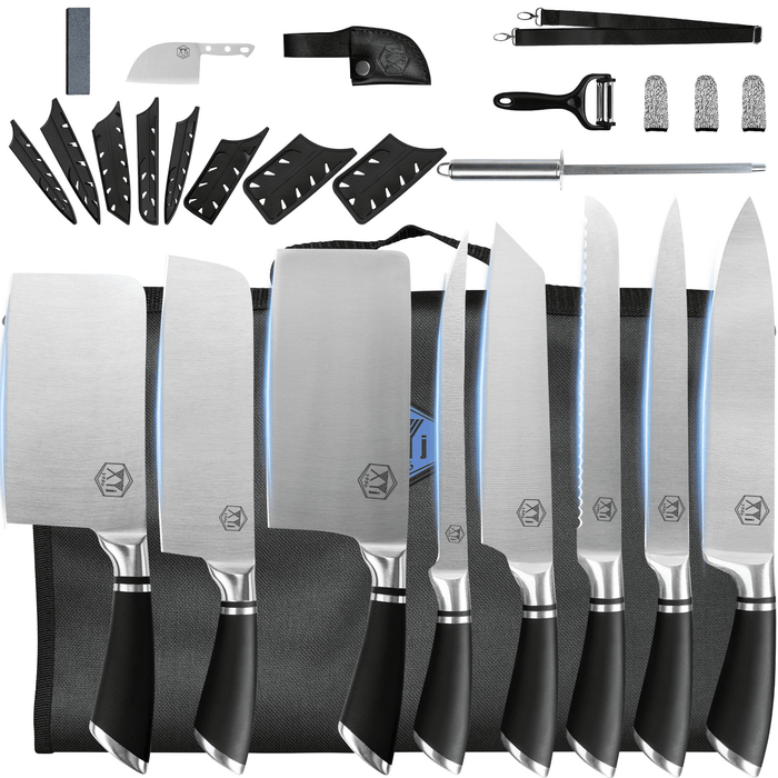 XYJ Authentic Since 1986,Professional Knife Sets for Master Chefs,8-pcs Chef Knife Set with Bag,Sheath,Sharpener Rod,Culinary Kitchen Butcher Meat Knives,Cooking Slicing,Chopping,Stainless Steel