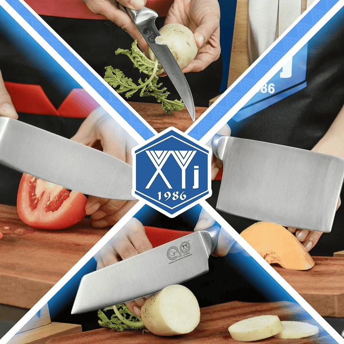 XYJ Authentic Since 1986,Professional Knife Sets for Master Chefs,8-pcs Chef Knife Set with Bag,Sheath,Sharpener Rod,Culinary Kitchen Butcher Meat Knives,Cooking Slicing,Chopping,Stainless Steel