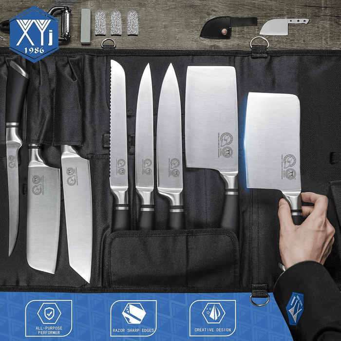 XYJ Authentic Since 1986,Professional Knife Sets for Master Chefs,8-pcs Chef Knife Set with Bag,Sheath,Sharpener Rod,Culinary Kitchen Butcher Meat Knives,Cooking Slicing,Chopping,Stainless Steel