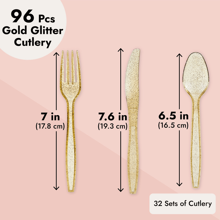 96 Pack Gold Glitter Plastic Silverware for Wedding Party Supplies, Cutlery Includes Forks, Spoons, and Knives (Serves 32)