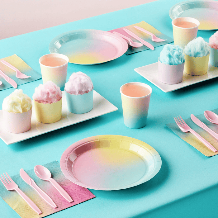 144 Piece Pastel Rainbow Birthday Party Supplies, Dinnerware with Paper Plates, Napkins, Cups, and Pink Cutlery (Serves 24)