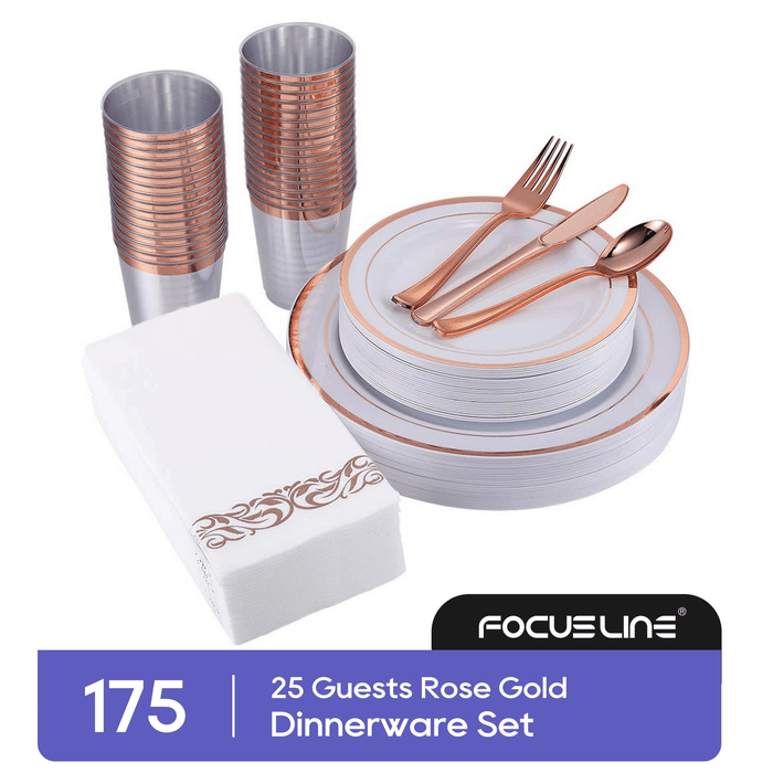 Focusline [175pack] Disposable Dinnerware Set 25 Guest-50 Rose Gold Rim Plastic Plates-25 Rose Gold Plastic Silverware-25 Rose Gold Plastic Cups-25 Linen Feel Paper Napkins