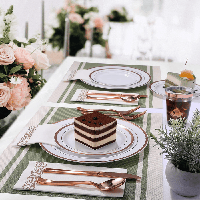 Focusline [175pack] Disposable Dinnerware Set 25 Guest-50 Rose Gold Rim Plastic Plates-25 Rose Gold Plastic Silverware-25 Rose Gold Plastic Cups-25 Linen Feel Paper Napkins