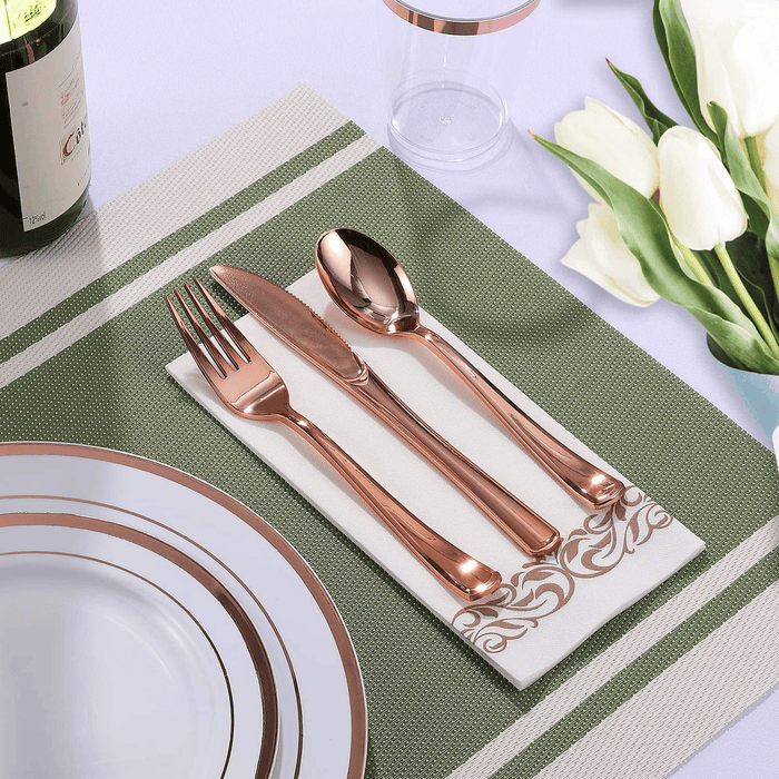 Focusline [175pack] Disposable Dinnerware Set 25 Guest-50 Rose Gold Rim Plastic Plates-25 Rose Gold Plastic Silverware-25 Rose Gold Plastic Cups-25 Linen Feel Paper Napkins