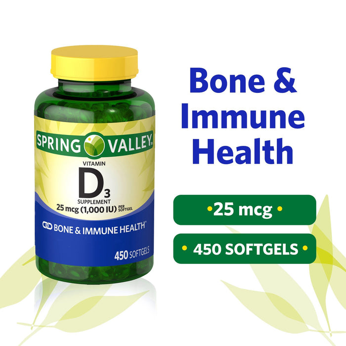 Spring Valley Vitamin D3 Softgels; 25mcg; 1; 000 IU; 450 Count