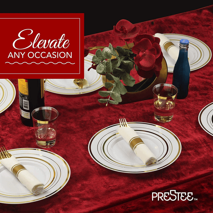 Prestee 350 Piece Gold Dinnerware Set - 50 Guest - Disposable Gold Dinnerware Set - 100 Gold Rim Plastic Plates - 50 Linen Feel Napkins with Spoons, Forks, Knives - 50 Gold (10oz) Plastic Cups