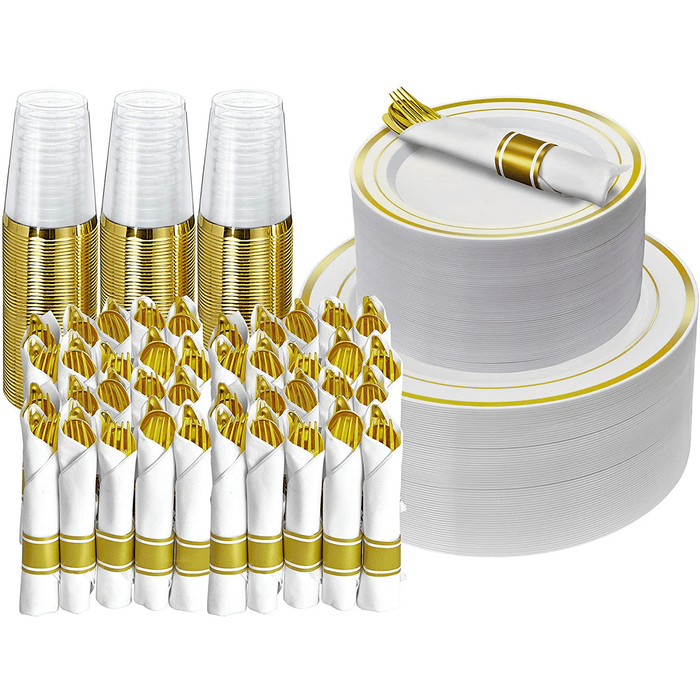 Prestee 350 Piece Gold Dinnerware Set - 50 Guest - Disposable Gold Dinnerware Set - 100 Gold Rim Plastic Plates - 50 Linen Feel Napkins with Spoons, Forks, Knives - 50 Gold (10oz) Plastic Cups