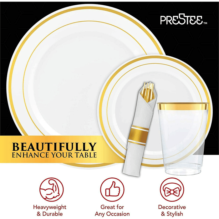 Prestee 350 Piece Gold Dinnerware Set - 50 Guest - Disposable Gold Dinnerware Set - 100 Gold Rim Plastic Plates - 50 Linen Feel Napkins with Spoons, Forks, Knives - 50 Gold (10oz) Plastic Cups