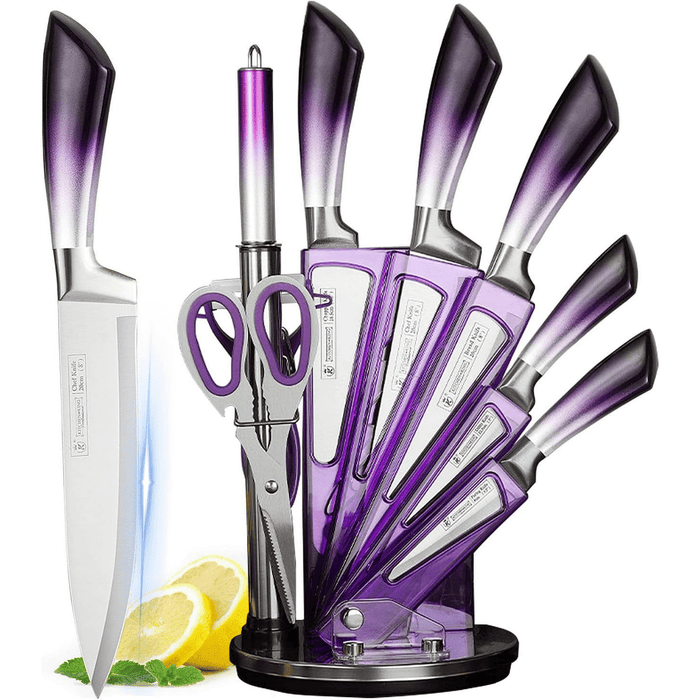 Knife Set, 9-Pieces Purple Gradient Handle Stainless Steel Chef Knife Set, Ultra Sharp Non-stick Cooking Knife Set with Acrylic Stand for Cutting Chopping Slicing Dicing