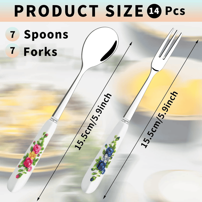 14 Pcs Dessert Forks and Spoons Silverware Set,Stainless Steel Small Appetizer Forks,Mini Coffee Spoons Salad Fork with Ceramics Handle,Cake Forks Tea Spoons for Dessert,Salad,Appetizer,Cocktail,Fruit