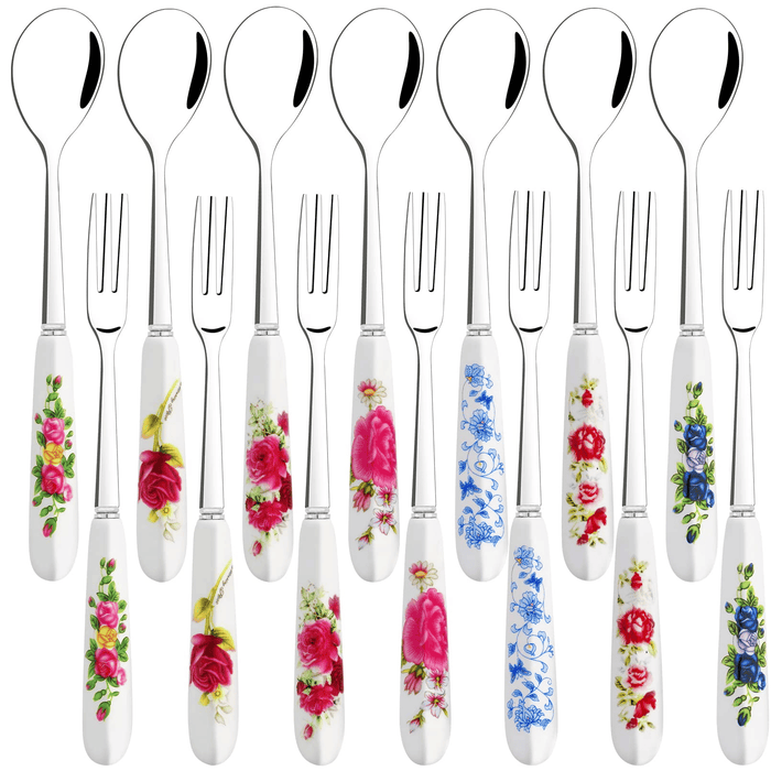 14 Pcs Dessert Forks and Spoons Silverware Set,Stainless Steel Small Appetizer Forks,Mini Coffee Spoons Salad Fork with Ceramics Handle,Cake Forks Tea Spoons for Dessert,Salad,Appetizer,Cocktail,Fruit