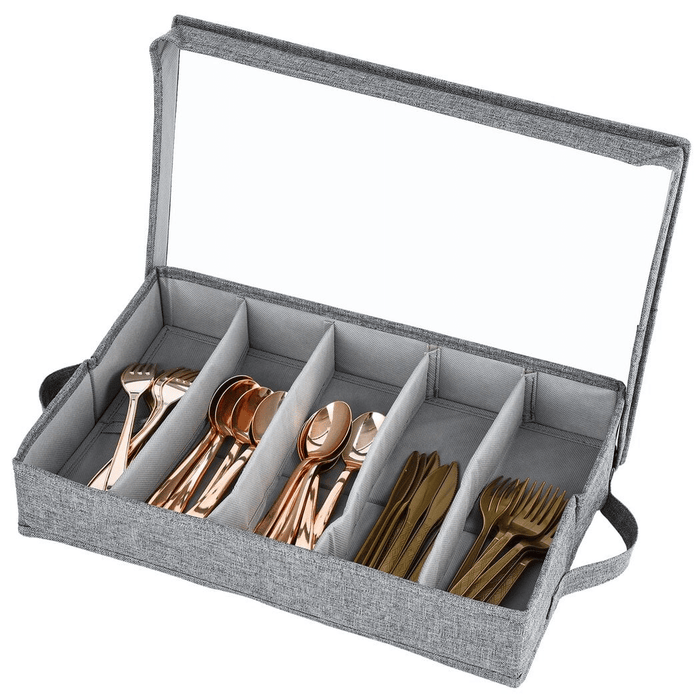 Flatware Storage Case, Silverware Storage Box with 4 Adjustable Dividers, Large Capacity Flatware Utensil Holder Case, Cutlery Storage Box with Handles and Removable Lid