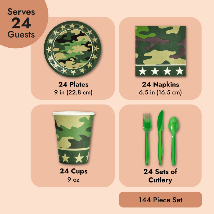 144-Piece Camo Party Decorations for Army-Themed Birthday, Baby Shower, Welcome Home Party, Serves 24, Includes Camouflage Paper Plates, Napkins, Cups, and Cutlery