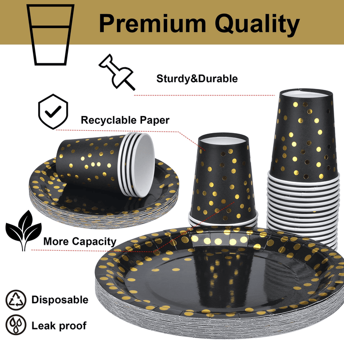 202pcs Eco-Friendly Disposable Black and Gold Paper Plates Cutlery Napkins Cups Tablecloth Banner Supplies Bulk, Non-Plastic Dinnerware Decorations for Party Wedding Birthday Dinner Dessert (25 Guest)