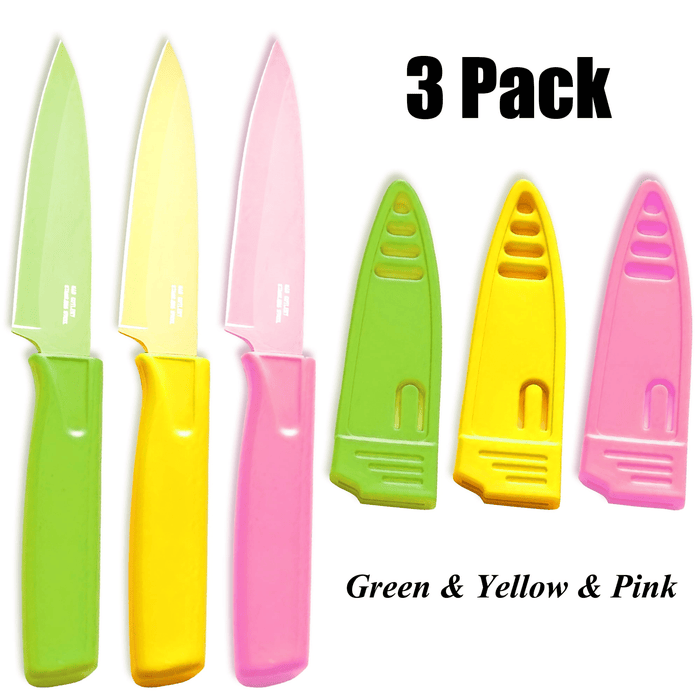 3 Pack Paring Knife with Safety Sheath, Fruit Knife with 4 inch Stainless Steel Blade, Nonstick Silicone Coated Knife for Kitchen, Fruits, and Vegetables (Green & Yellow & Pink)