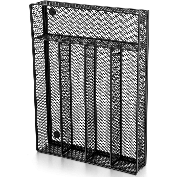 Vesteel Kitchen Drawer Organizer, Black Mesh Wire Utensil Tray, Narrow Metal Cutlery Holder/Divider with Foam Feet, 5 Compartment & Small Size - 12.5 x 9.25-Inch