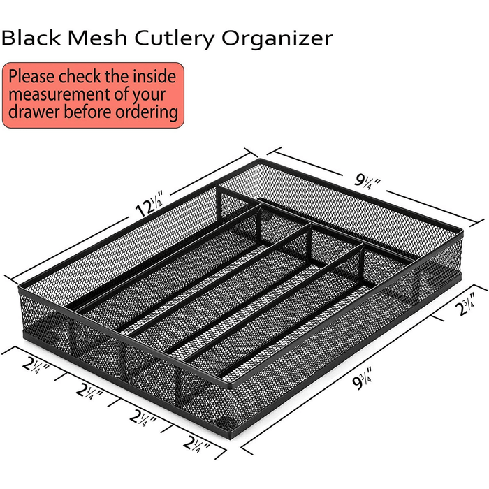 Vesteel Kitchen Drawer Organizer, Black Mesh Wire Utensil Tray, Narrow Metal Cutlery Holder/Divider with Foam Feet, 5 Compartment & Small Size - 12.5 x 9.25-Inch