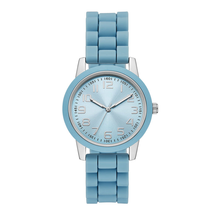 Time and Tru Ladies' Watch with Silver Round Case, Light Blue Bezel, Light Blue Sunray Dial and Light Blue Soft Silicone Strap (FMDOTT107)