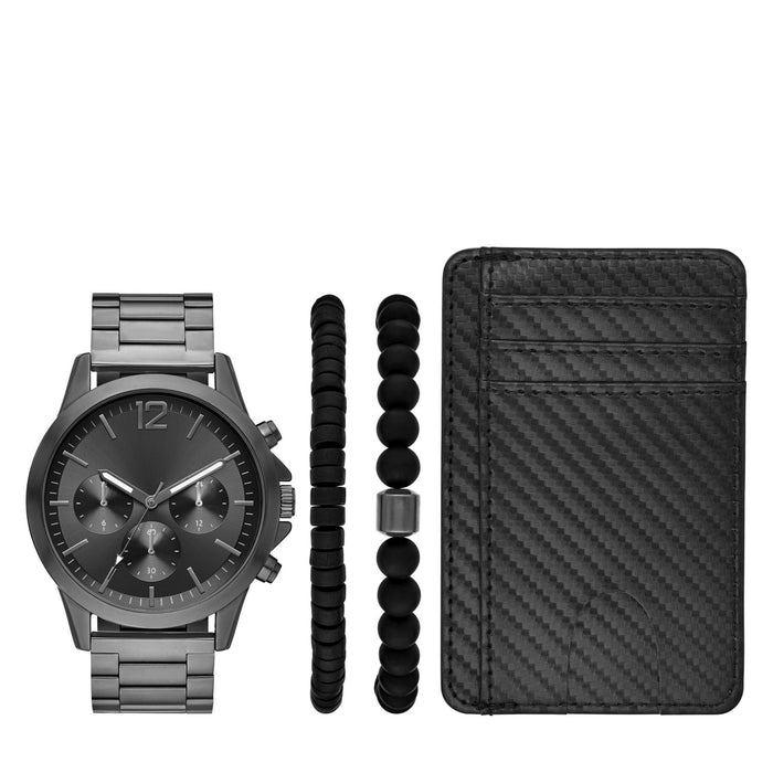 Folio Men's Watch Gift Set; Gunmetal Tone Bracelet Watch, Sunray Dial with Black Textured Card Case and 2 Beaded Bracelets (FMDAL1209)