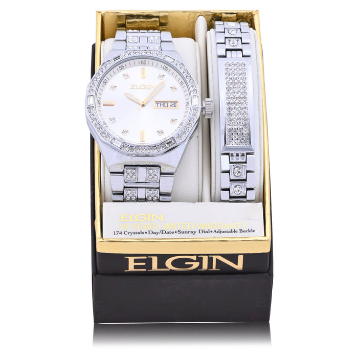 Elgin Adult Male Watch with Matching Bracelet Set in Silver with Gold Markers (FG180016SST)