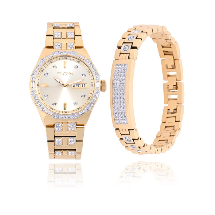 Elgin Adult Male Watch and Bracelet Set in Gold and Stones in (FG180016ST)