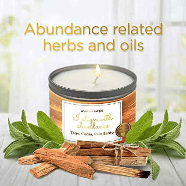 MAGNIFICENT 101 Affirmations Sage, Cedar, Palo Santo, Sprinkle of sage Leaves Smudge Candle for House Energy Cleansing, Banishes Negative Energy - Soy Wax Tin Candle (I Align with Abundance)