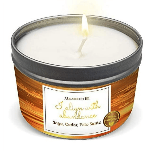 MAGNIFICENT 101 Affirmations Sage, Cedar, Palo Santo, Sprinkle of sage Leaves Smudge Candle for House Energy Cleansing, Banishes Negative Energy - Soy Wax Tin Candle (I Align with Abundance)