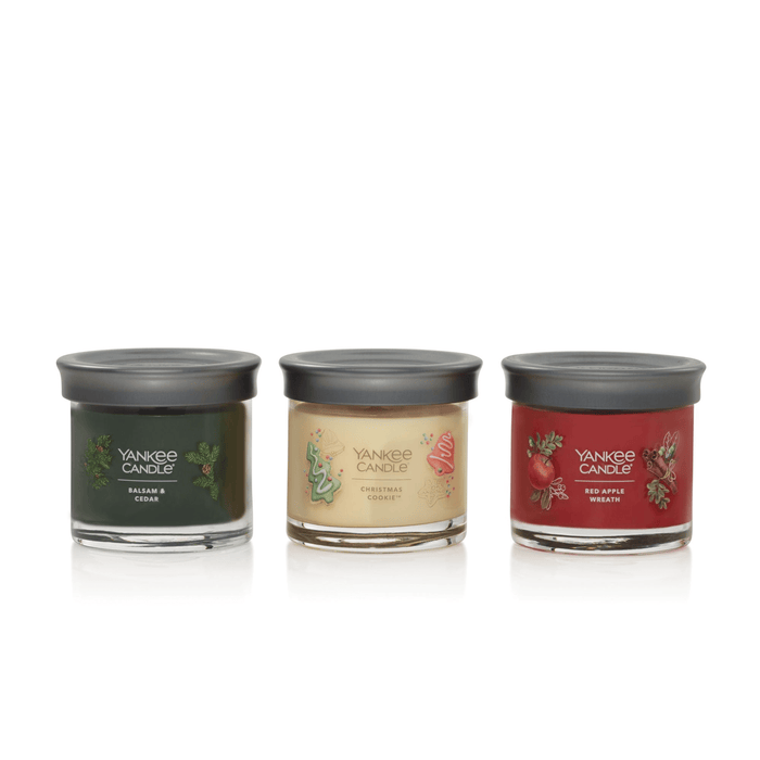 Yankee Candle Gift Set 3 Signature Small Tumbler Set - Balsam & Cedar, Christmas Cookie, Red Apple Wreath