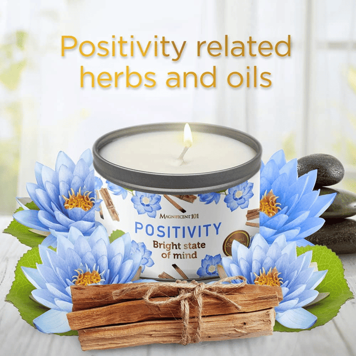 Magnificent 101 Positivity Aromatherapy Candle in 6-oz. Tin Holder: 100% Natural Soy Wax With Palo Santo & Lotus Flower Essential Oils and Pure Sage Leaves; for Intention Setting & Energy Cleansing