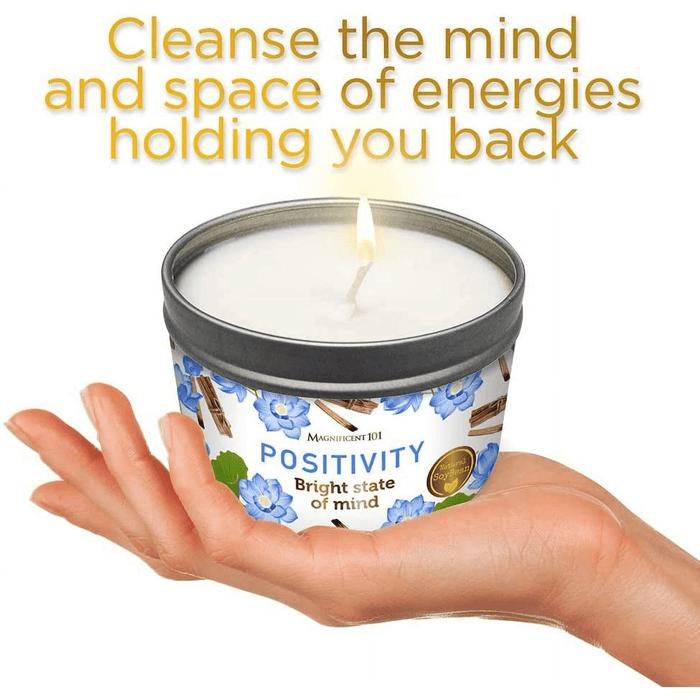 Magnificent 101 Positivity Aromatherapy Candle in 6-oz. Tin Holder: 100% Natural Soy Wax With Palo Santo & Lotus Flower Essential Oils and Pure Sage Leaves; for Intention Setting & Energy Cleansing