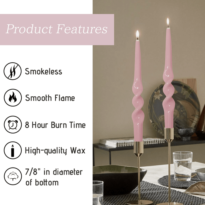 FCMSHAMD 10 inch Spiral Taper Candle Sticks Unscented Pink Pack of 2