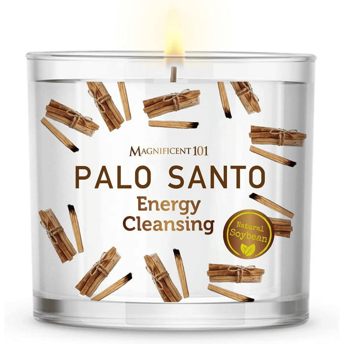 Magnificent 101 Long Lasting Palo Santo Scented Aromatherapy Candle | 14 Oz - 56 Hour Burn | All Natural & Organic Soy Wax Smudge Candle for House Energy Cleansing, Purification & Manifestation