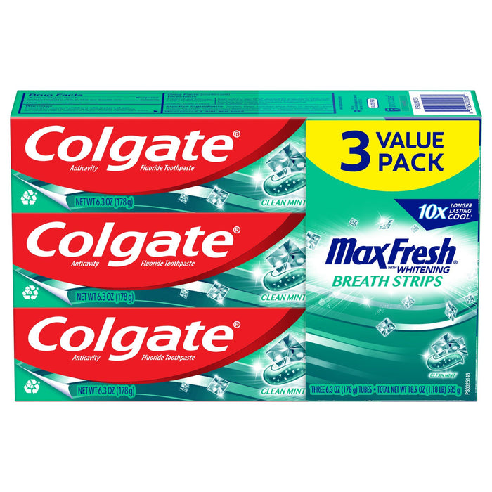 Colgate Max Fresh Mini Breath Strips Toothpaste; Clean Mint; 3 Pack; 6.3 oz